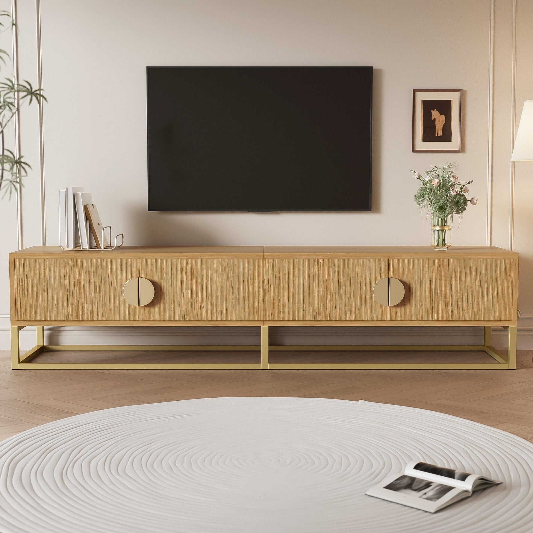 TV Cabinet 180cm 4 Doors Semi-circular Handles Wood Grain Finish