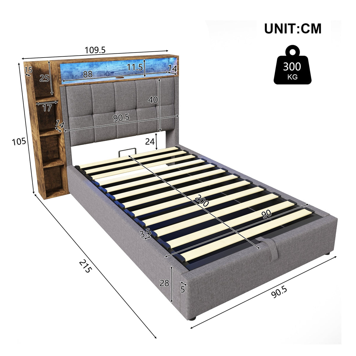 Upholstered Bed 90x200cm Storage LED USB/Type-C App Control - Linen Grey