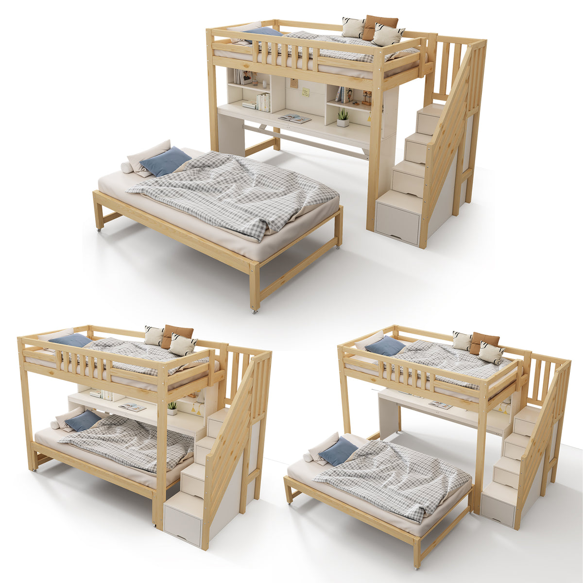 Children's Bunk Bed with Desk & Trundle, White & Oak Wood