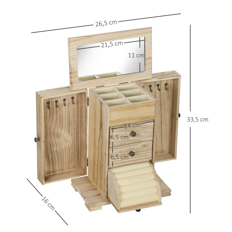 Jewelry Box, 4-Tier Case with Mirror, Wood Brown