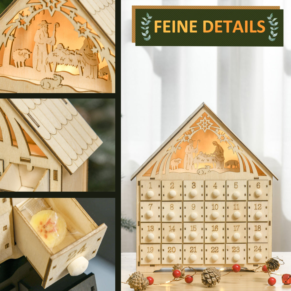 Advent Calendar, 24 Drawers, LED Lights, Natural Wood