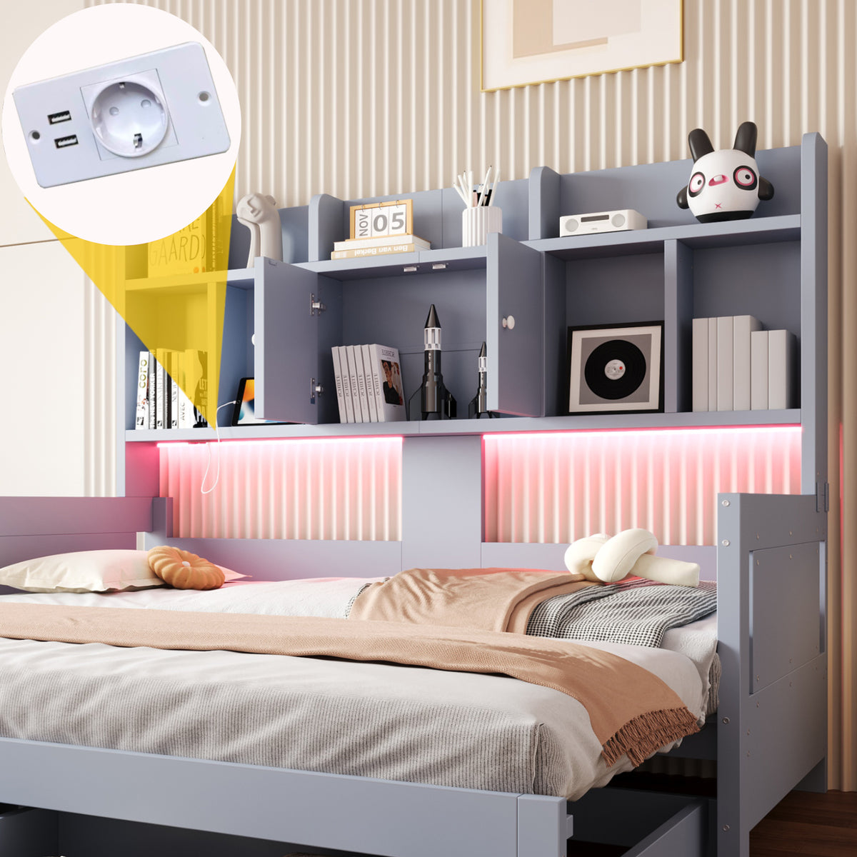 Extendable Sofa Bed with Storage & LED Lighting, Grey Wood