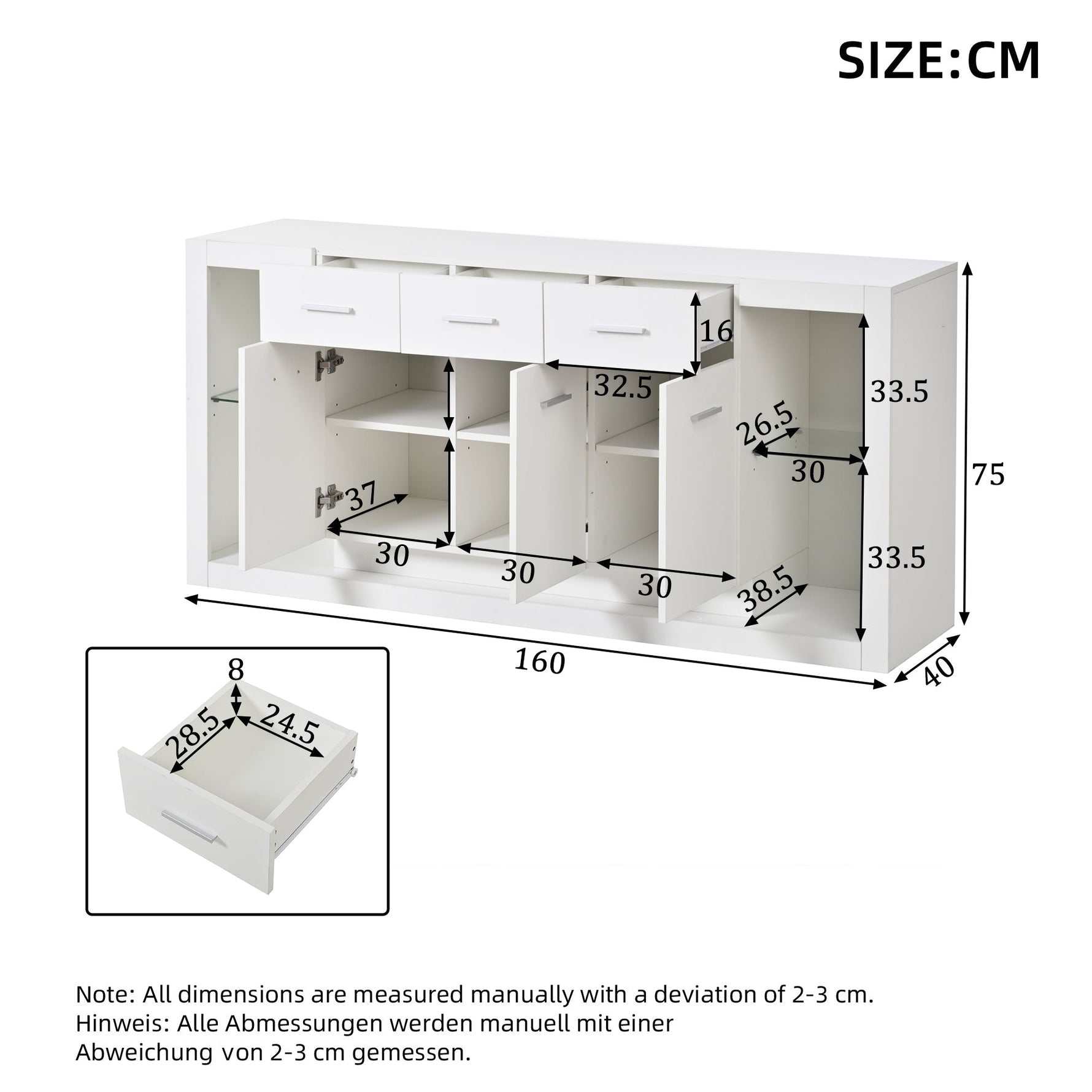 High-Gloss Sideboard 160cm with LED Light and 3 Drawers - White
