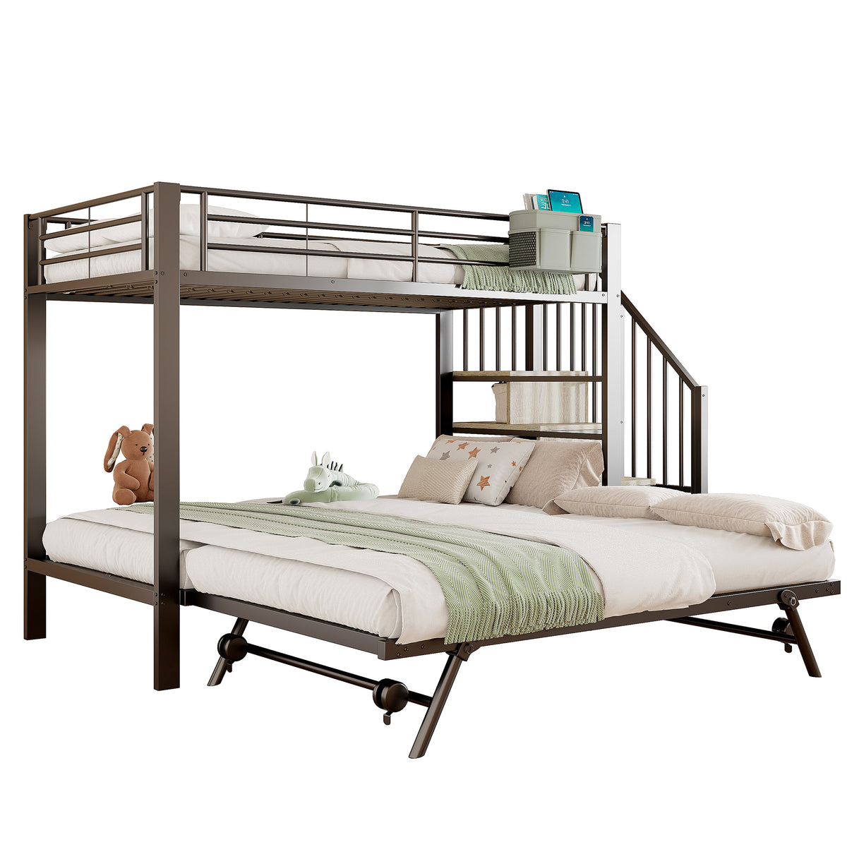 Bunk Bed with Pull-Out Bed & Storage Stairs, Black Iron Frame