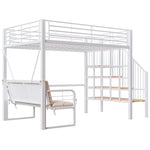 Bunk Bed with Removable Sofa, Storage and Safety Stairs, 140x200cm, White Metal
