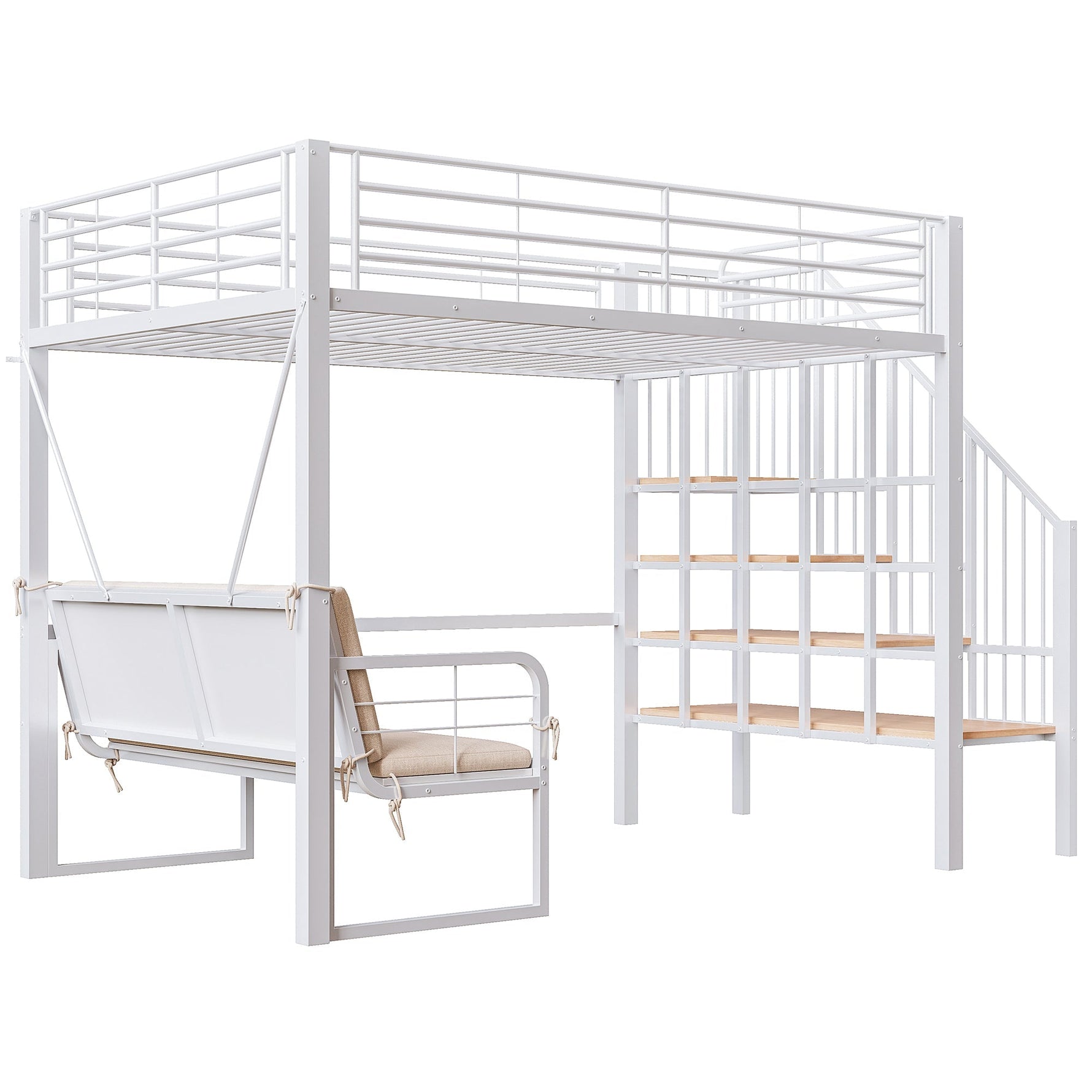 Bunk Bed with Removable Sofa, Storage and Safety Stairs, 140x200cm, White Metal