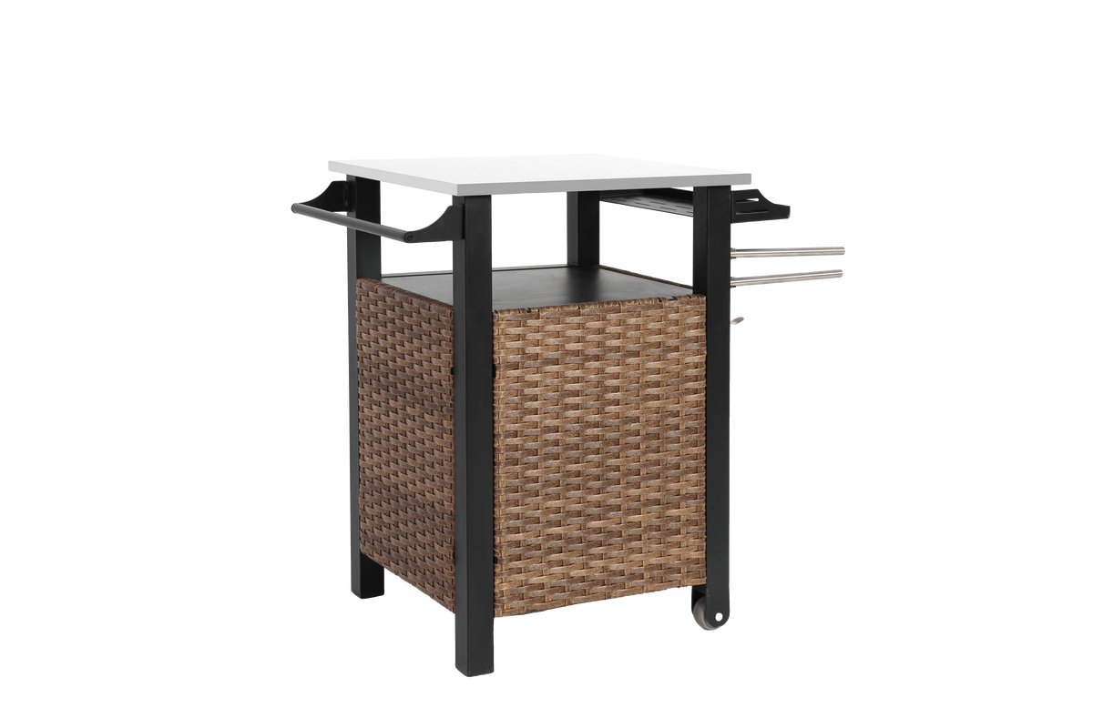 Bar Cart, Outdoor Kitchen Wicker Island Rolling with Stainless Steel Top, Brown