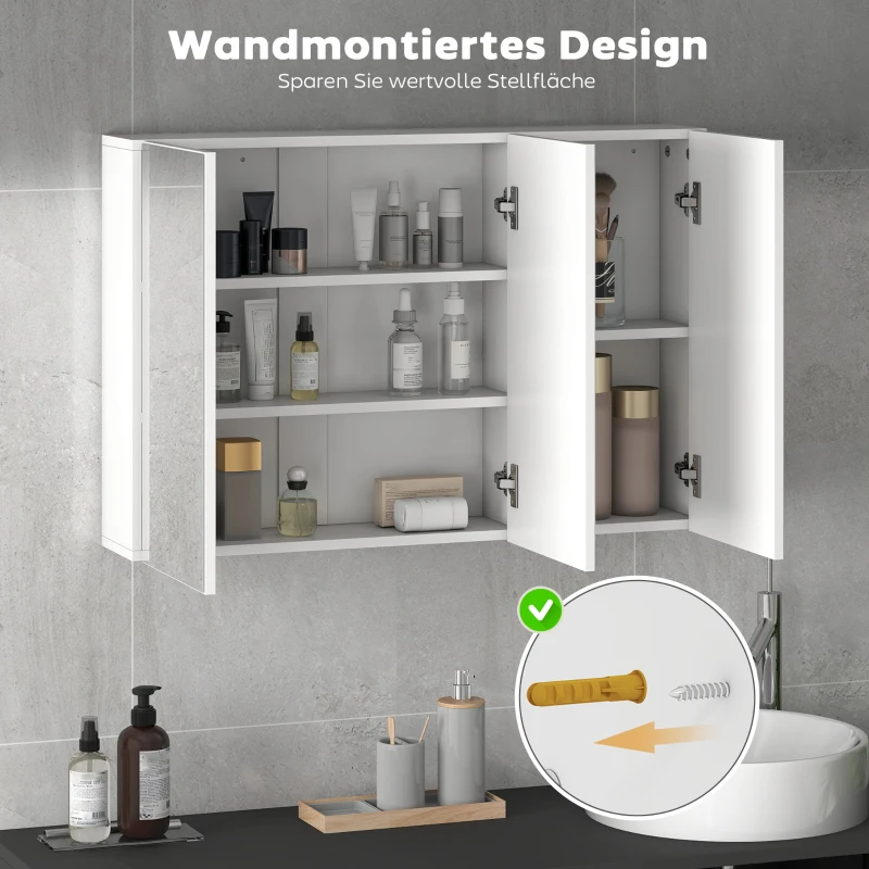 Bathroom Mirror Cabinet, 3 Mirrored Doors, Wall Mounted, White Chipboard