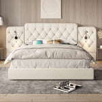Bed Frame 160x200cm Hydraulic Storage Long Headboard USB Desk Lamp - Velvet Beige