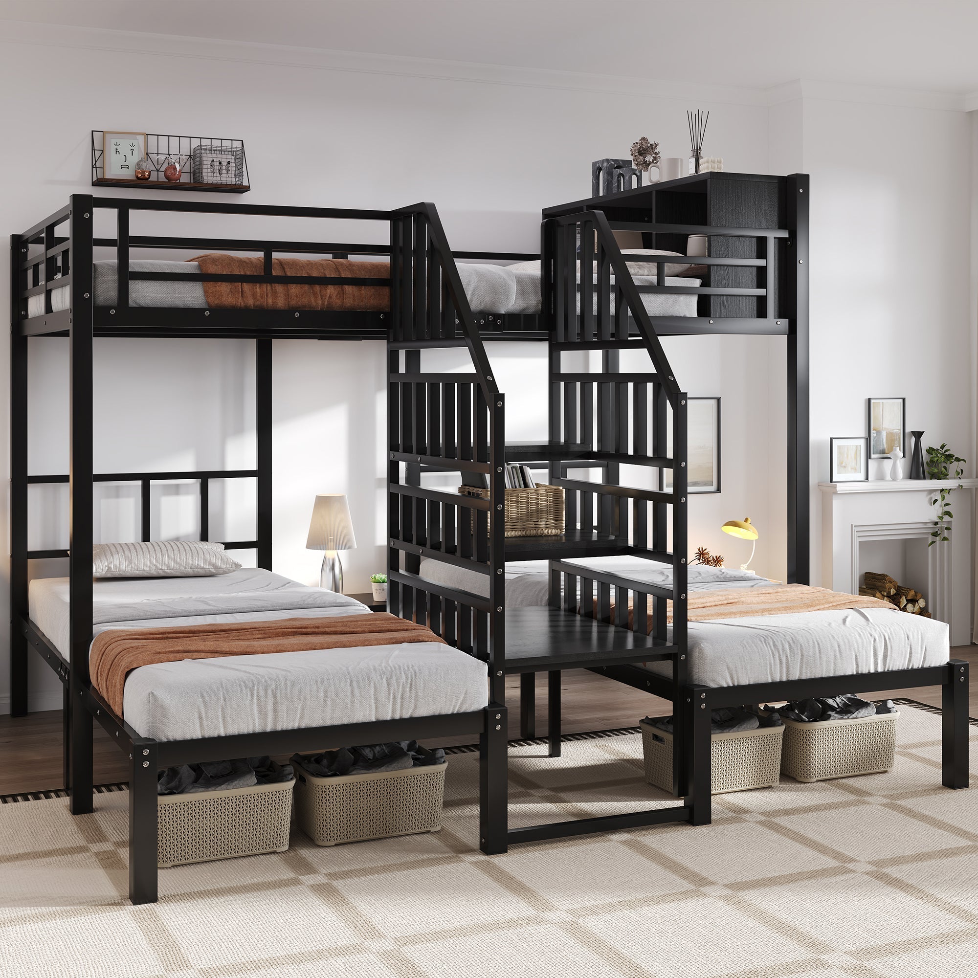 Iron Bunk Bed 3-Sleeper with Storage Stairs 90x200/140x200cm, Black