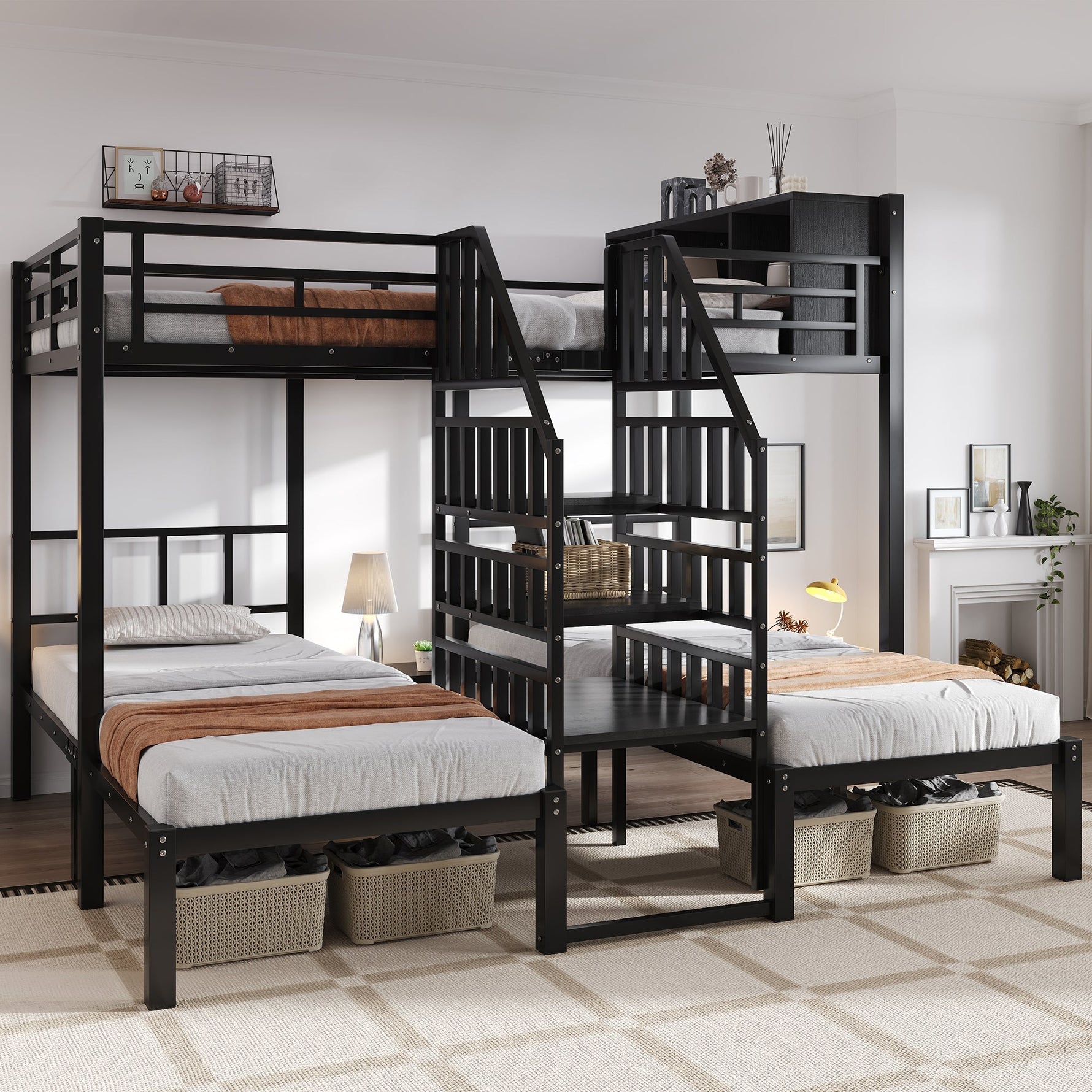 Iron Bunk Bed 3-Sleeper with Storage Stairs 90x200/140x200cm, Black