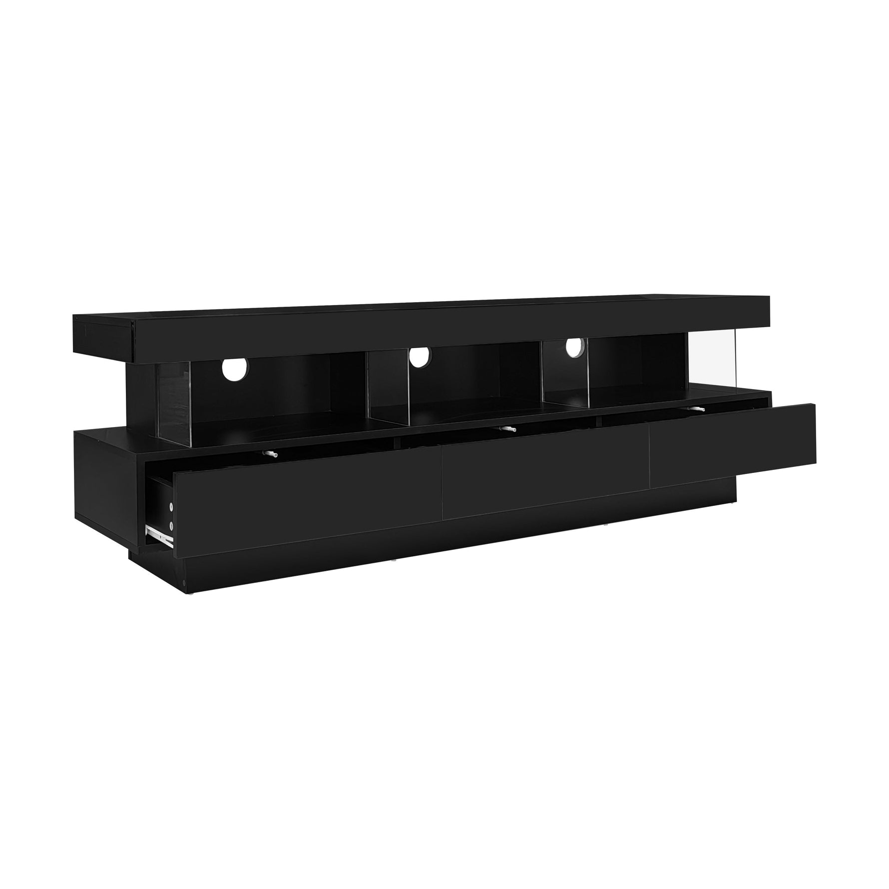 TV Stand, LED Lighting, App Control, Bluetooth Connectivity for 70-inch TVs, Black High Gloss Glass
