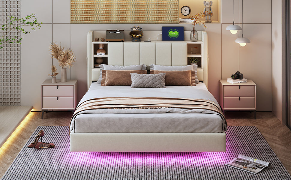 Upholstered Bed 140 x 200 cm, USB, Light Strip, Reversible Headboard, Storage, Metal Frame, Linen Fabric, Beige