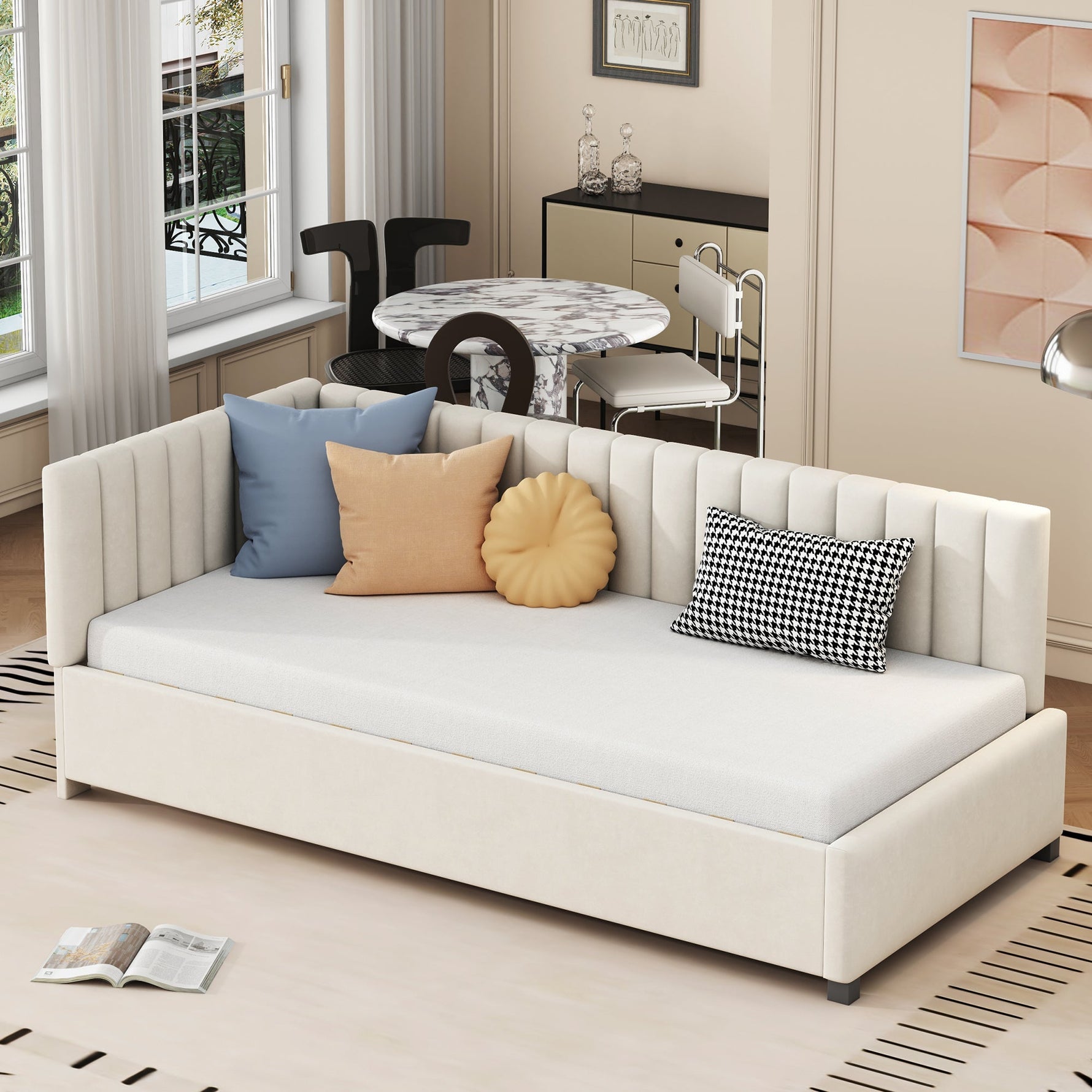 Upholstered Bed Sofa Bed, 90x200 Multifunctional with Slatted Frame, Beige Velvet Fabric
