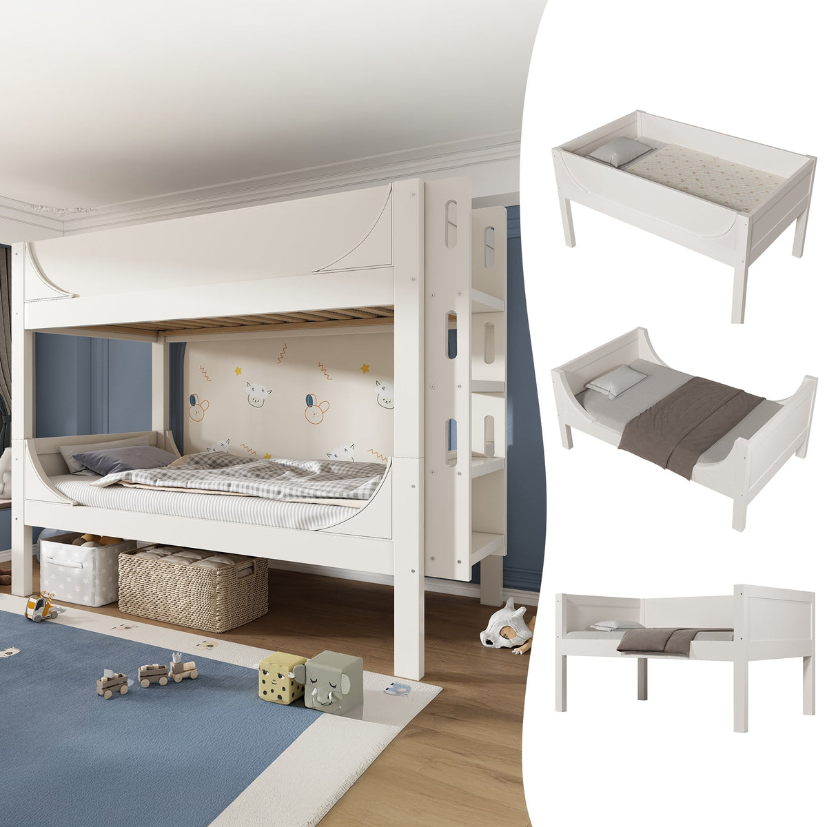 Separable Bunk Bed 90x200cm, Converts to 2 Single Beds, Sled Design, White