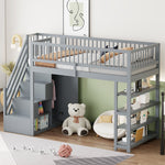 Loft Bed with Wardrobe, Shelves, Storage, Ladder, 90 x 200, Solid Wood, Grey