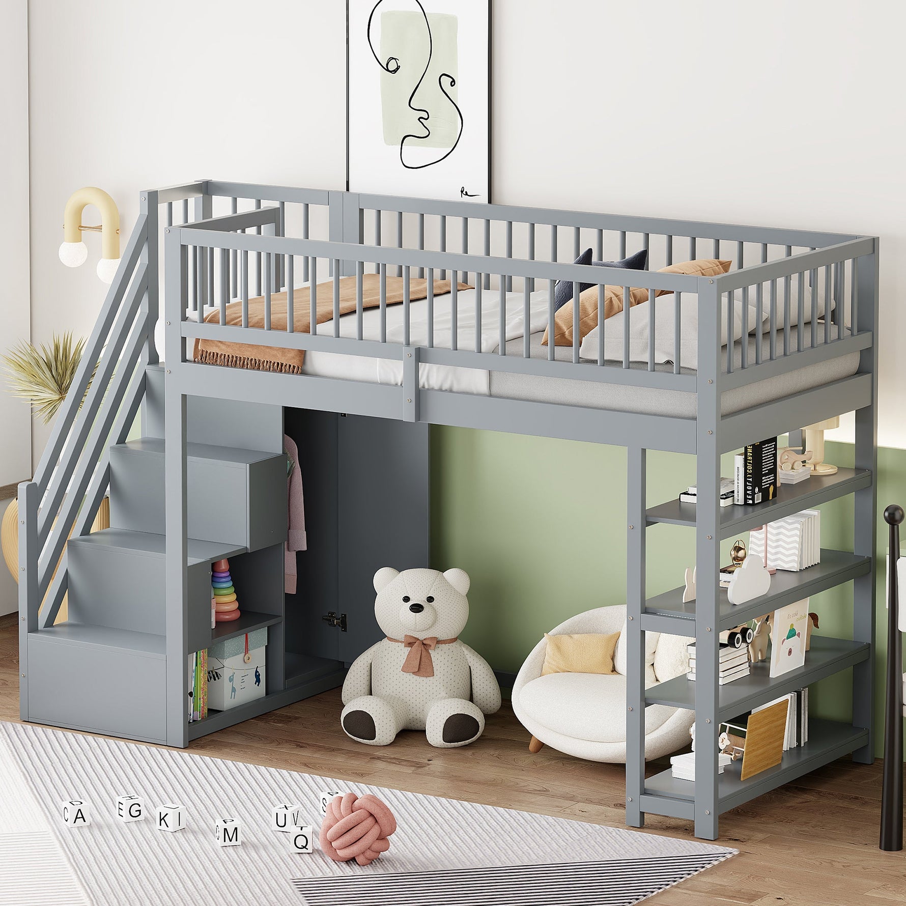 Loft Bed with Wardrobe, Shelves, Storage, Ladder, 90 x 200, Solid Wood, Grey