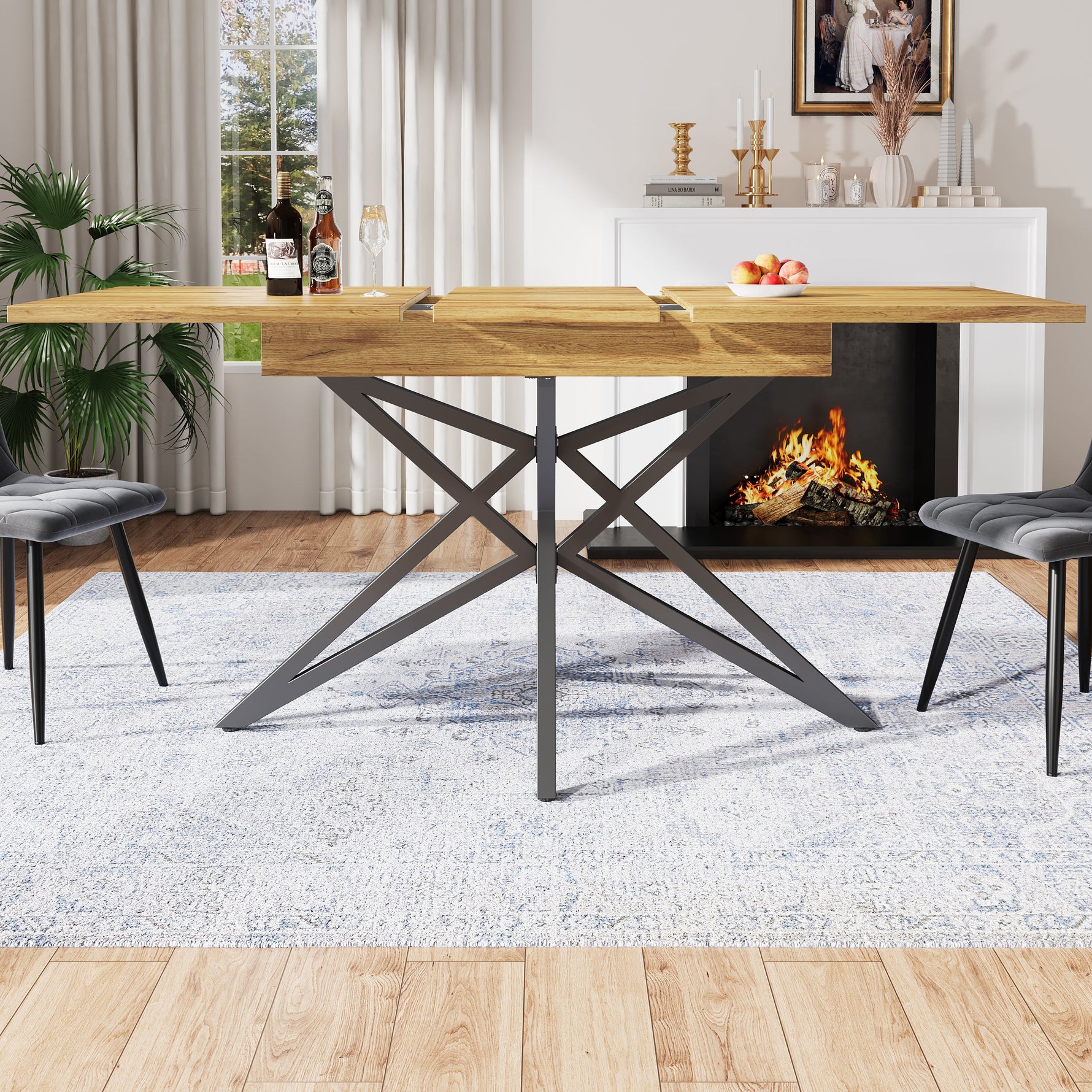 Extendable Dining Table Set with 4 Chairs, Dark Grey Velvet and Walnut Look