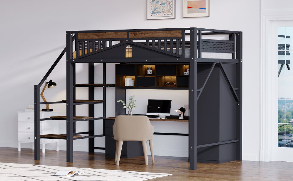 Metal Loft Bed, 140x200cm, Window Design, Safety Ladder, Storage, Black