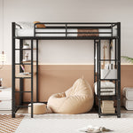 Metal Loft Bed, 140x200 cm, with Ladder, Table, and Storage, Black