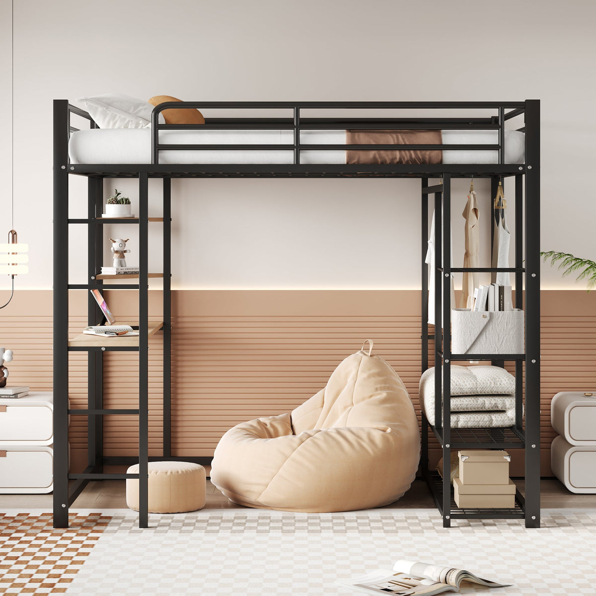 Metal Loft Bed, 140x200 cm, with Ladder, Table, and Storage, Black