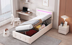 Upholstered Children's Bed with LED Lighting and Hydraulic Storage, Velvet Beige/Grey