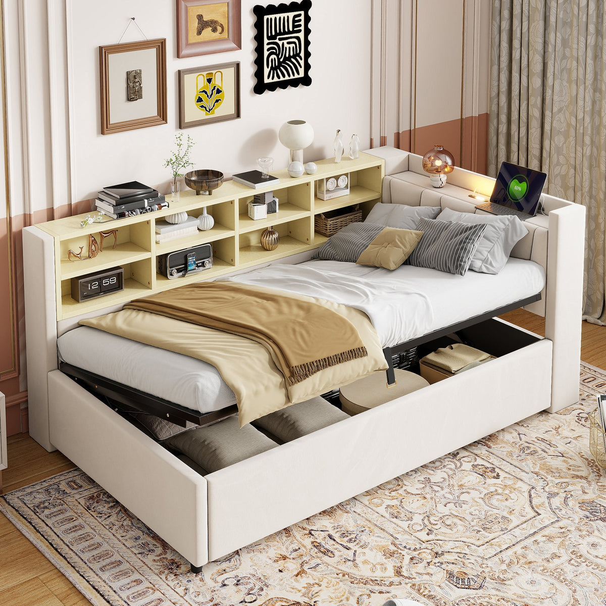 Sofa Bed, 90x200cm, Hydraulic Storage, Night Light, USB/Type-C, Velvet Beige