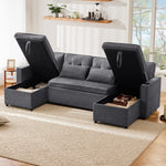Sleeper Sofa U-Shaped with Storage & Cup Holders, Cotton and Linen Fabric
