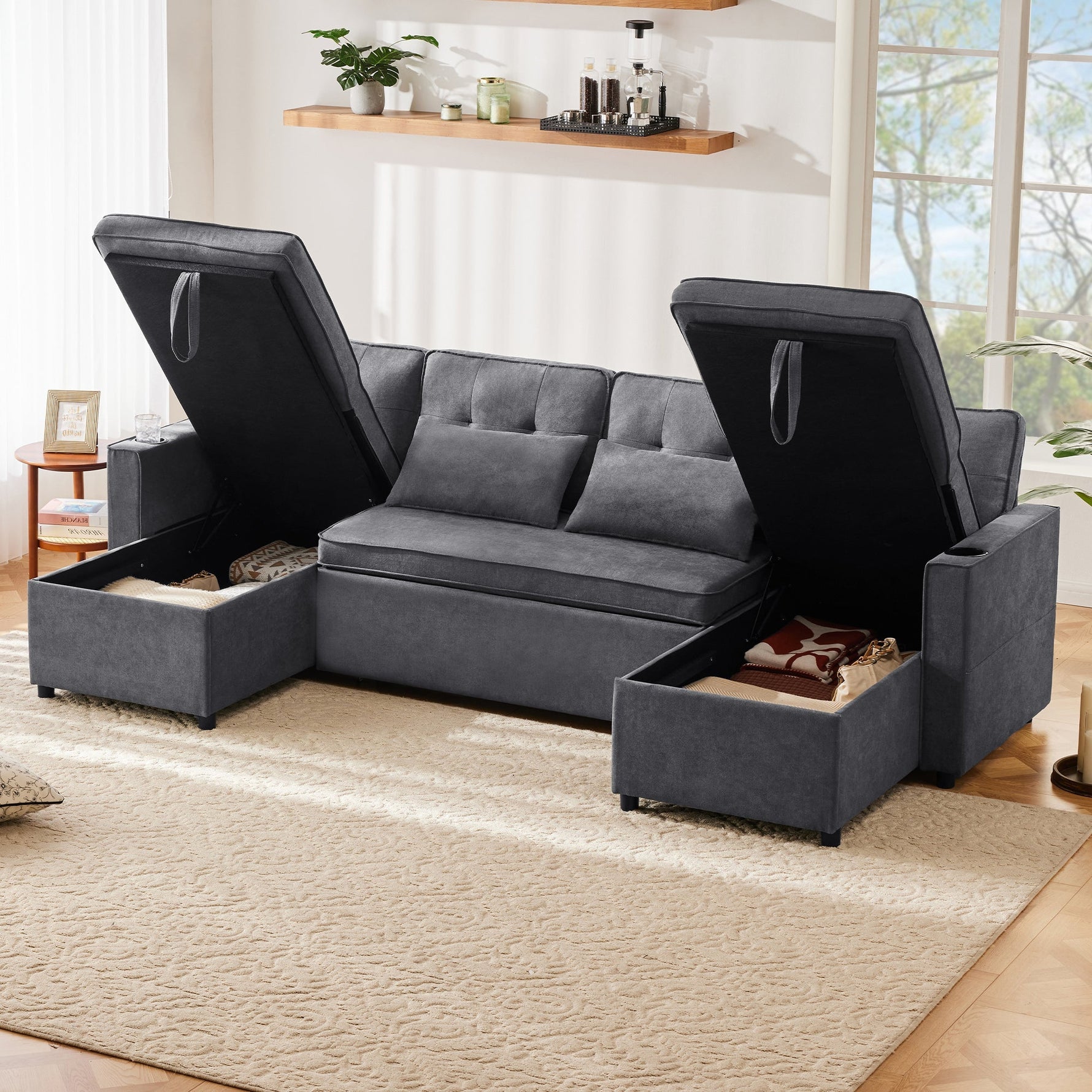 Sleeper Sofa U-Shaped with Storage & Cup Holders, Cotton and Linen Fabric