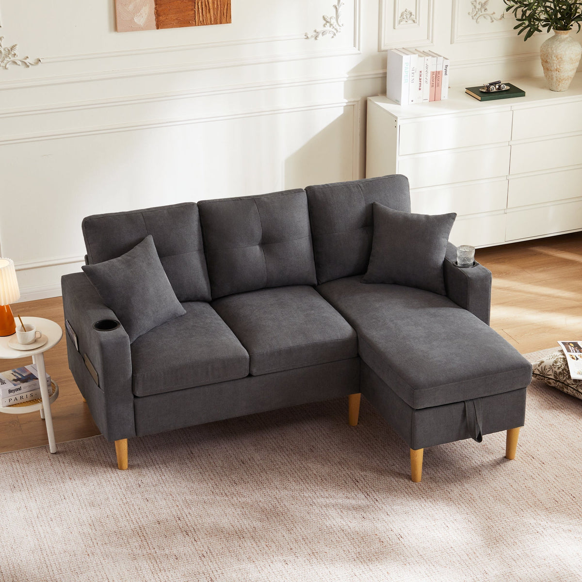 Sofa, L-Shaped Modern 3-Seater with Chaise, Storage, Cup Holder, Pillows