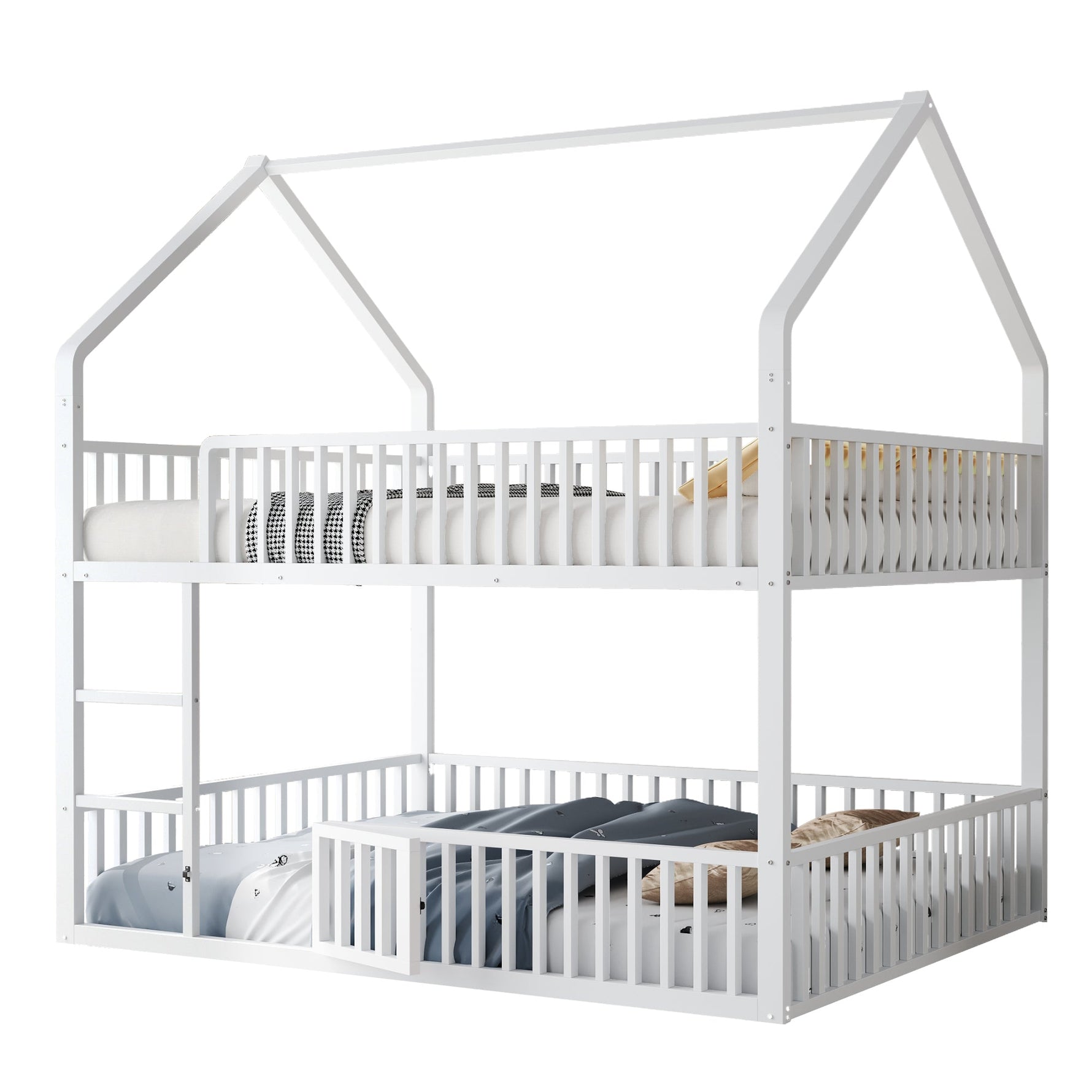 Children's Bunk Bed 140*200, Double Bed with Stairs & Loft Design, White Metal