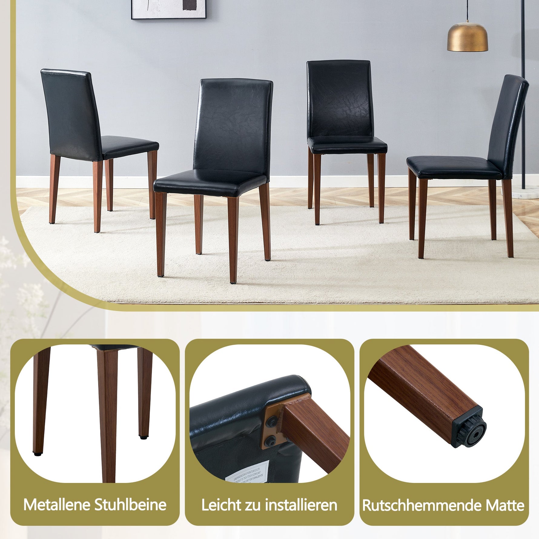 Minimalist Dining Chairs Set of 4, PU Leather and Metal Legs, Black and Walnut finish