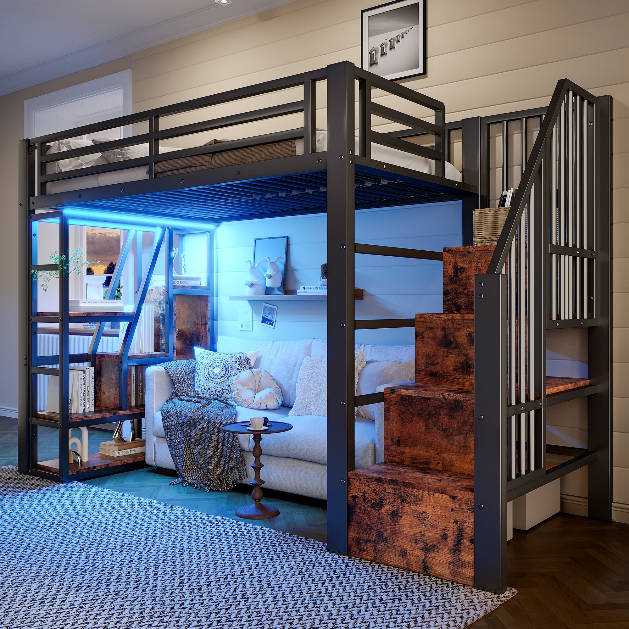 Loft Bed with Storage Steps and LED Light Strip, Black Iron Frame