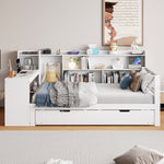 Solid Wood Sofa Bed 90x200cm Desk Bookshelves Pull-out Bed, Multifunctional White