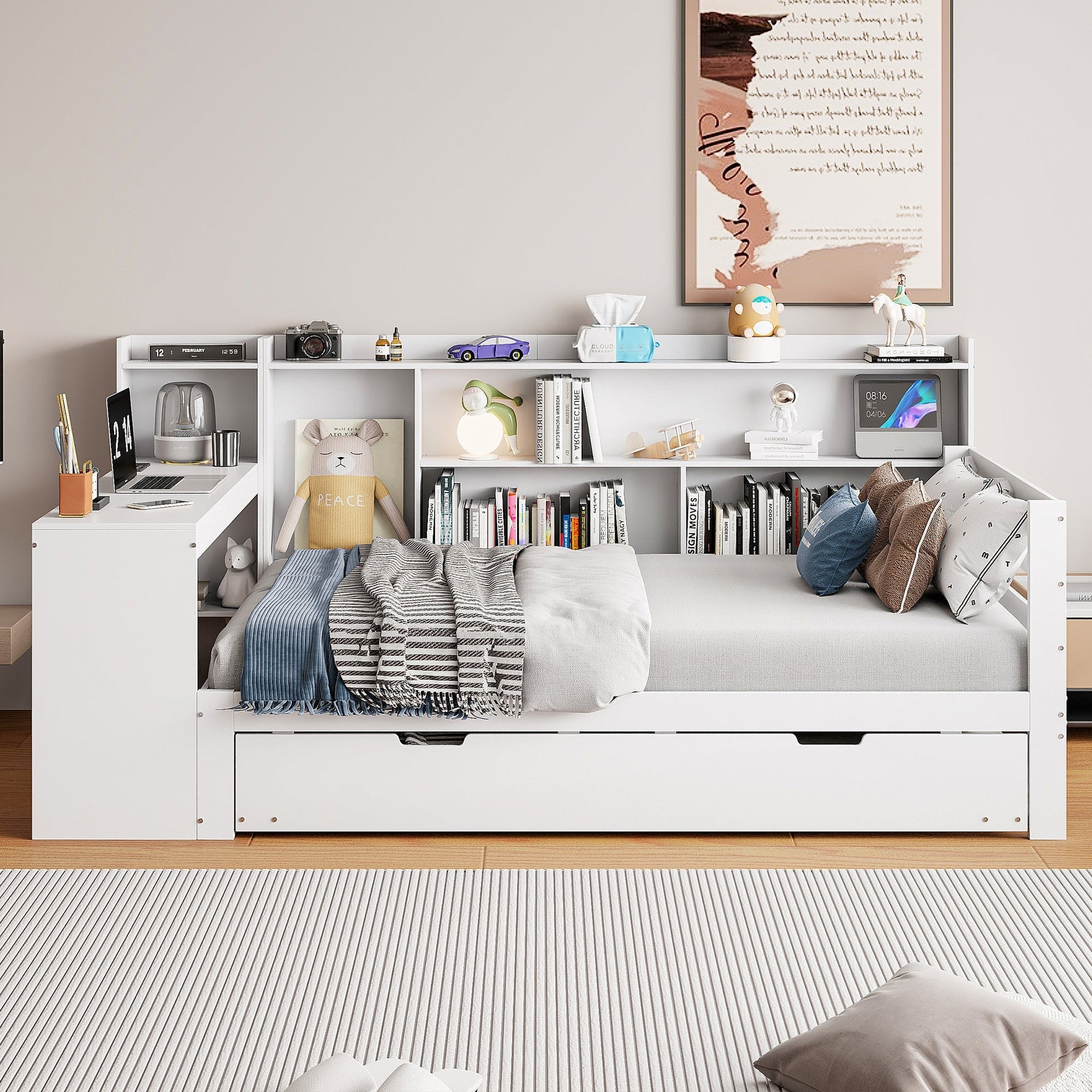 Solid Wood Sofa Bed 90x200cm Desk Bookshelves Pull-out Bed, Multifunctional White