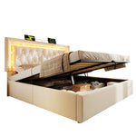 Upholstered Bed with LED Diamond Strip, USB Charging and Hydraulic Storage, Beige Velvet