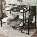 Iron Bunk Bed with Storage Ladder Wardrobe, 90x200cm & 120x200cm, Black+Vintage Wood Iron+MDF