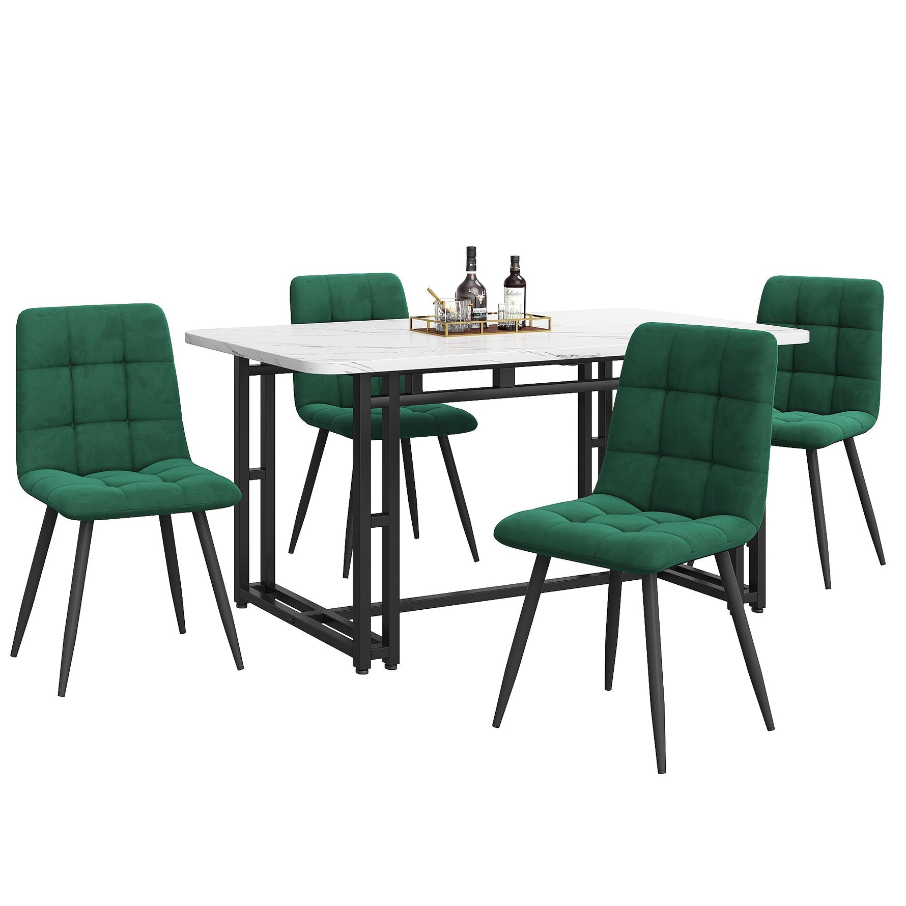 140x80cm Dining Table Set with 4 Chairs Modern Kitchen Black Iron Dark Green Velvet