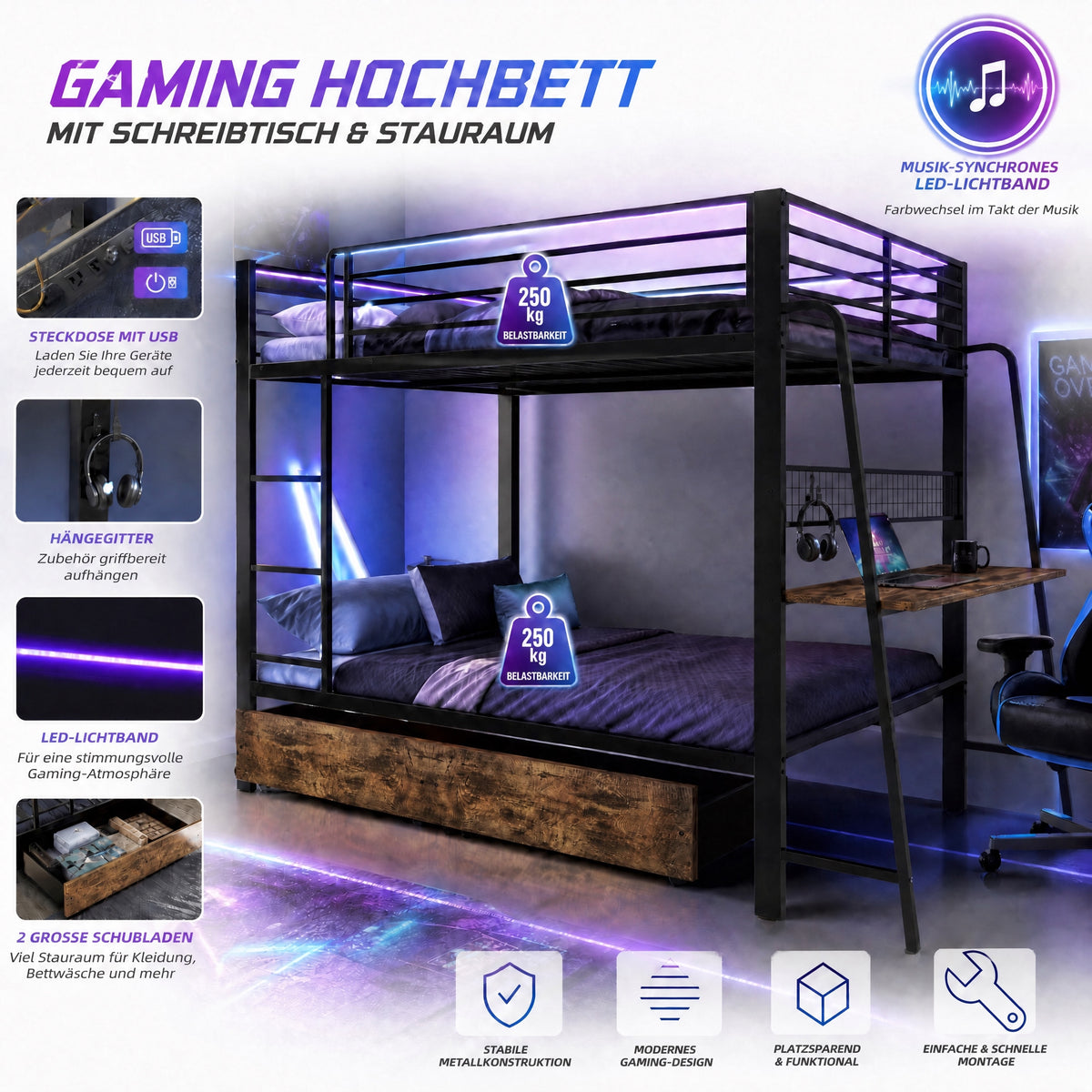 Kids House Loft Bed 90x200cm with Slide & LED, Pink Metal