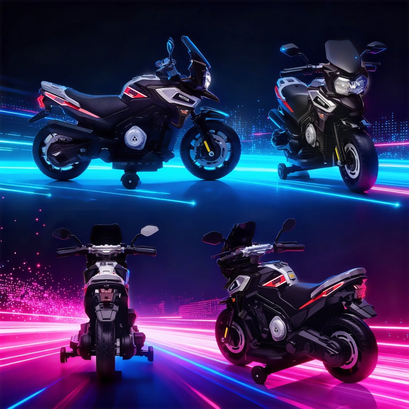 Electric Motorcycle for Kids with Training Wheels, Lights and Music, Black