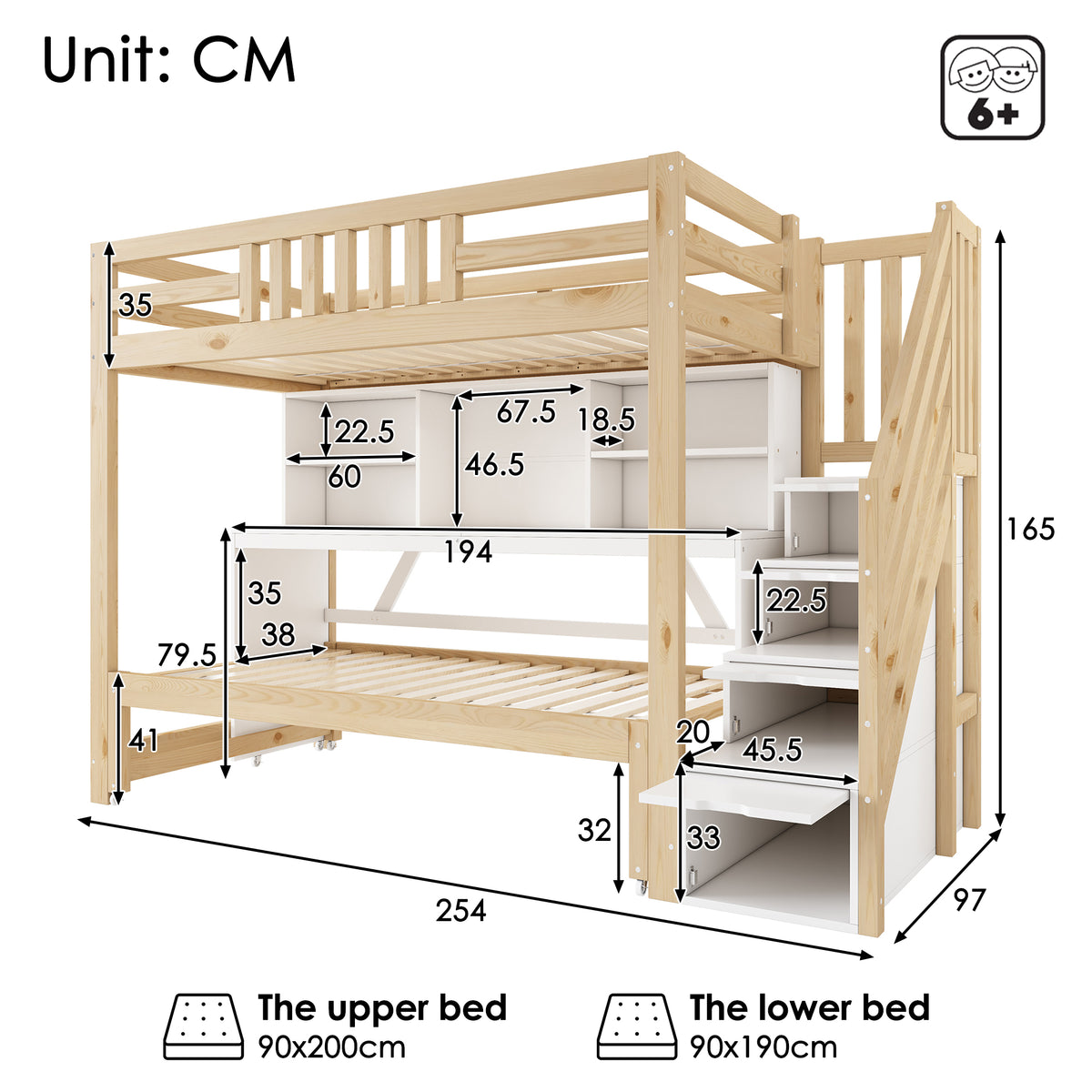 Children's Bunk Bed with Desk & Trundle, White & Oak Wood