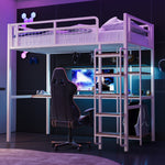 Metal Loft Bed with Safety Ladder, Table & Shelves, White