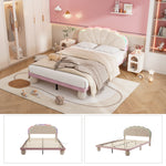 Upholstered Bed with Light Stripes, Scalloped Headboard & Round Legs, Velvet Beige+Pink
