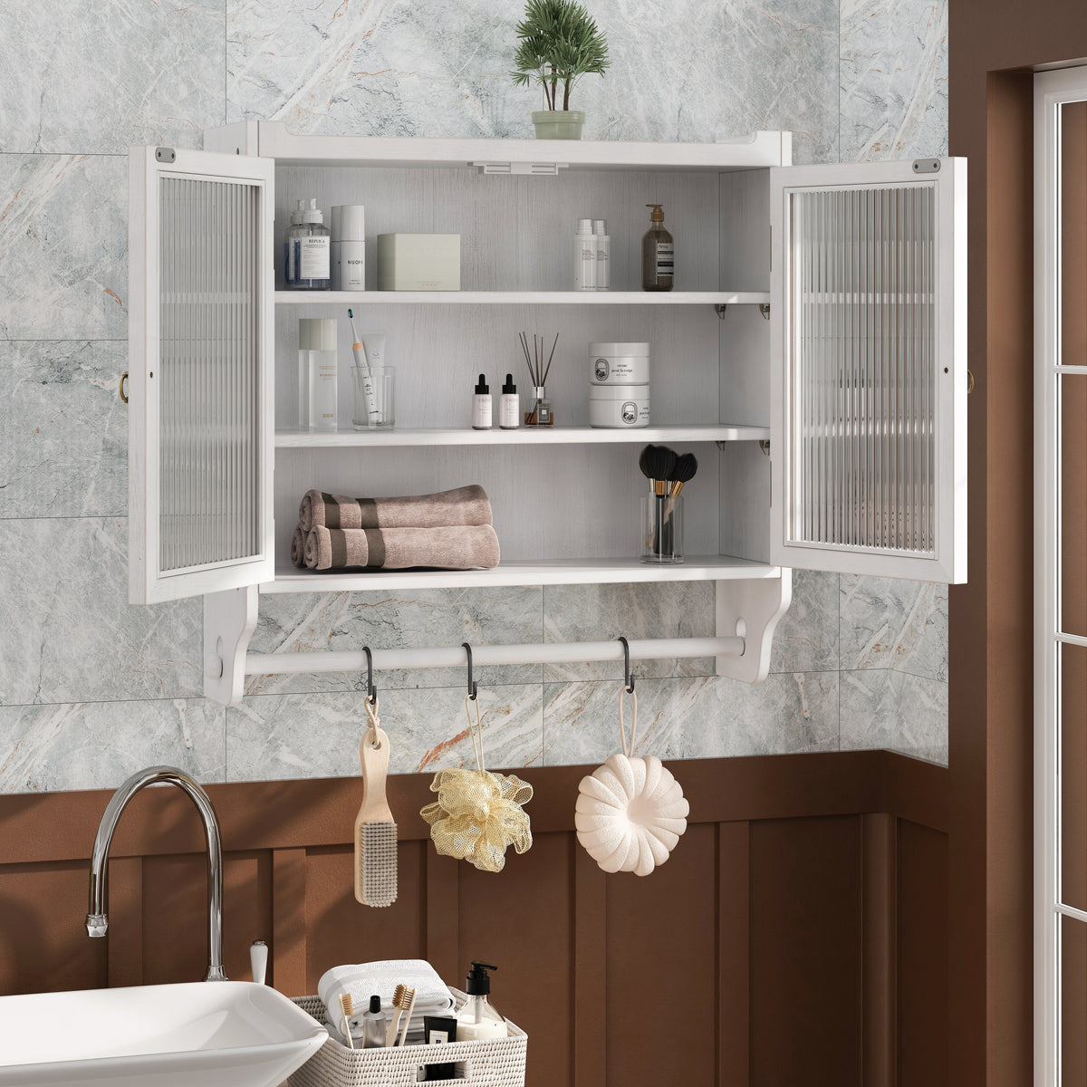60cm Glass Door Vintage Double Door Wall Cabinet, Three Tiers, Towel Rack, White Washed
