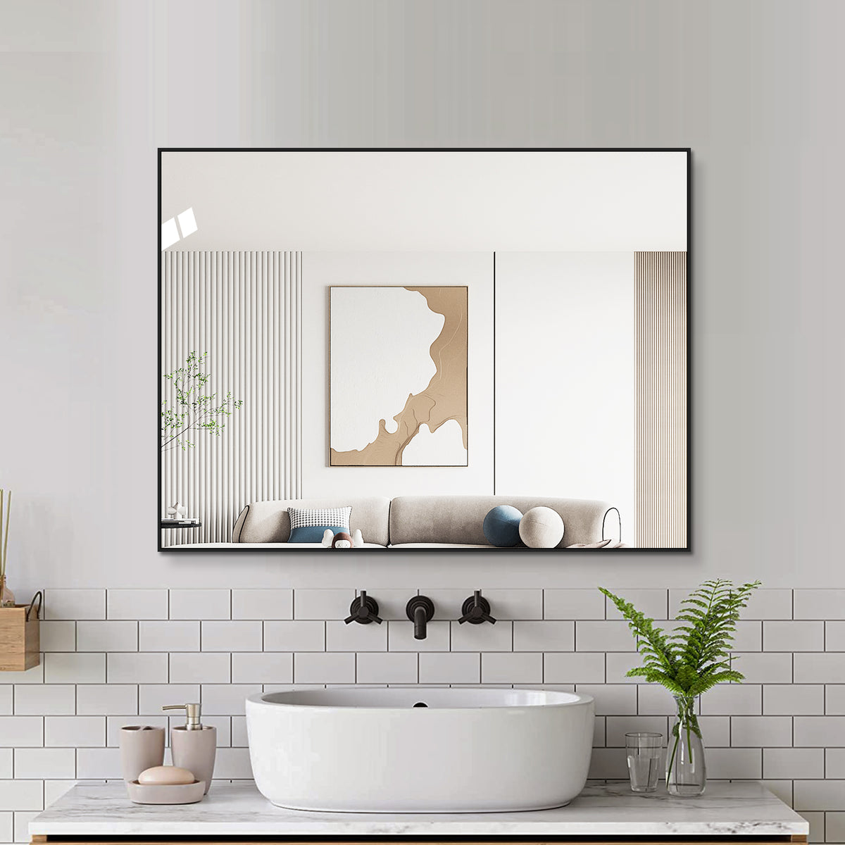 Bathroom Mirror 60x80 cm, HD Wall Mount, Black Aluminum Frame