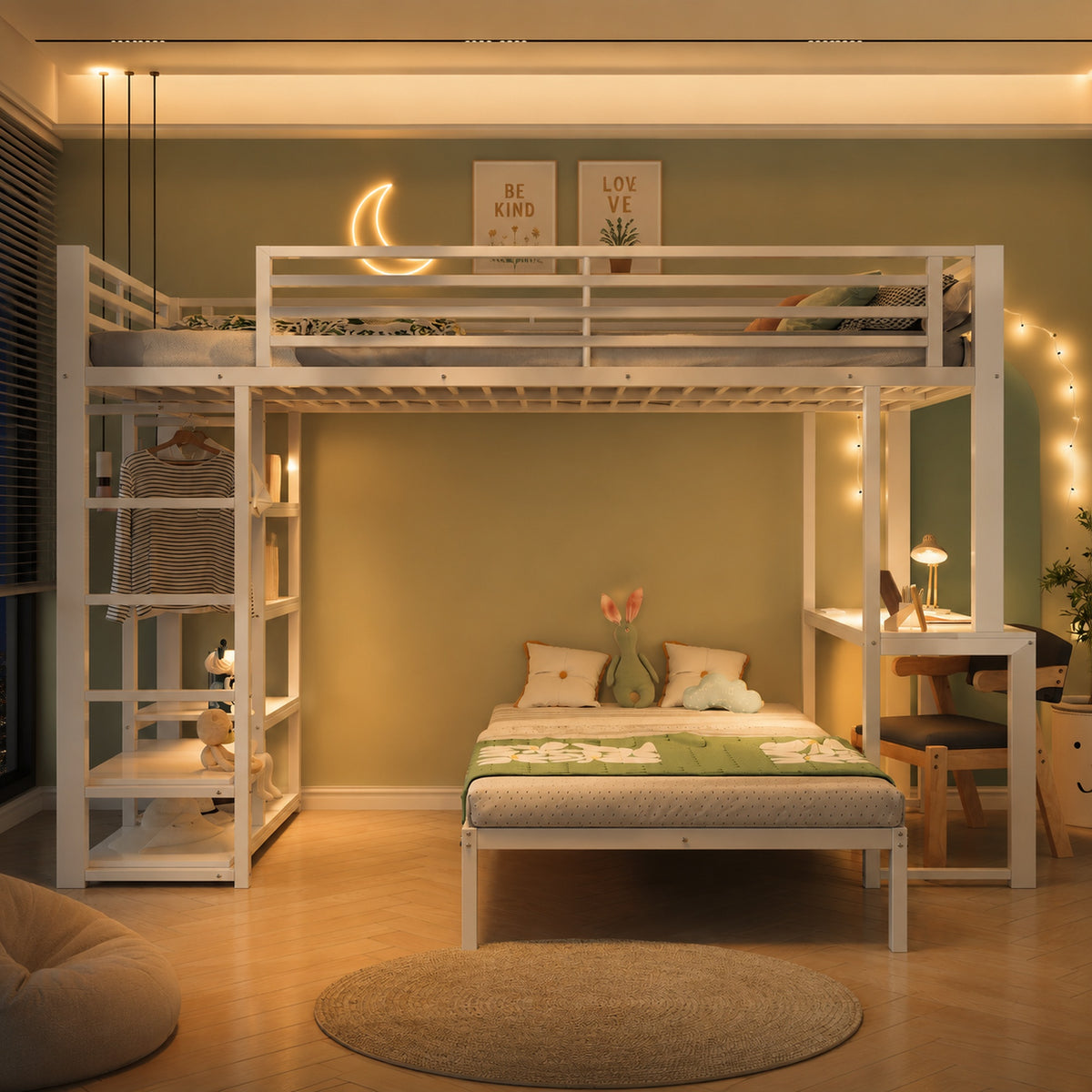 Bunk Bed 90x200cm with Desk & Shelves, White Metal