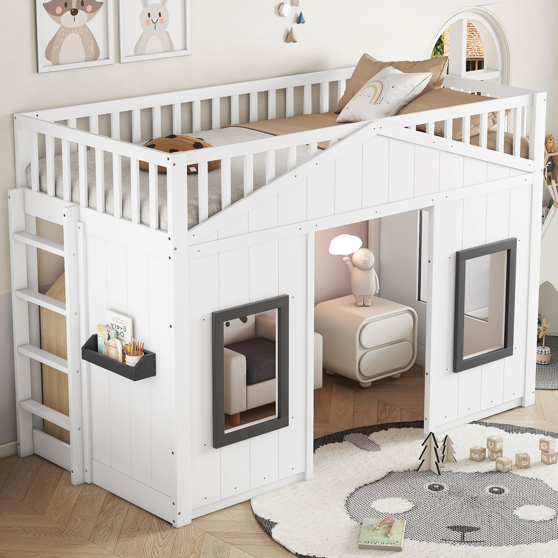 House Bunk Bed 90x200cm, Stairs Railing Window Storage, Pine+MDF White