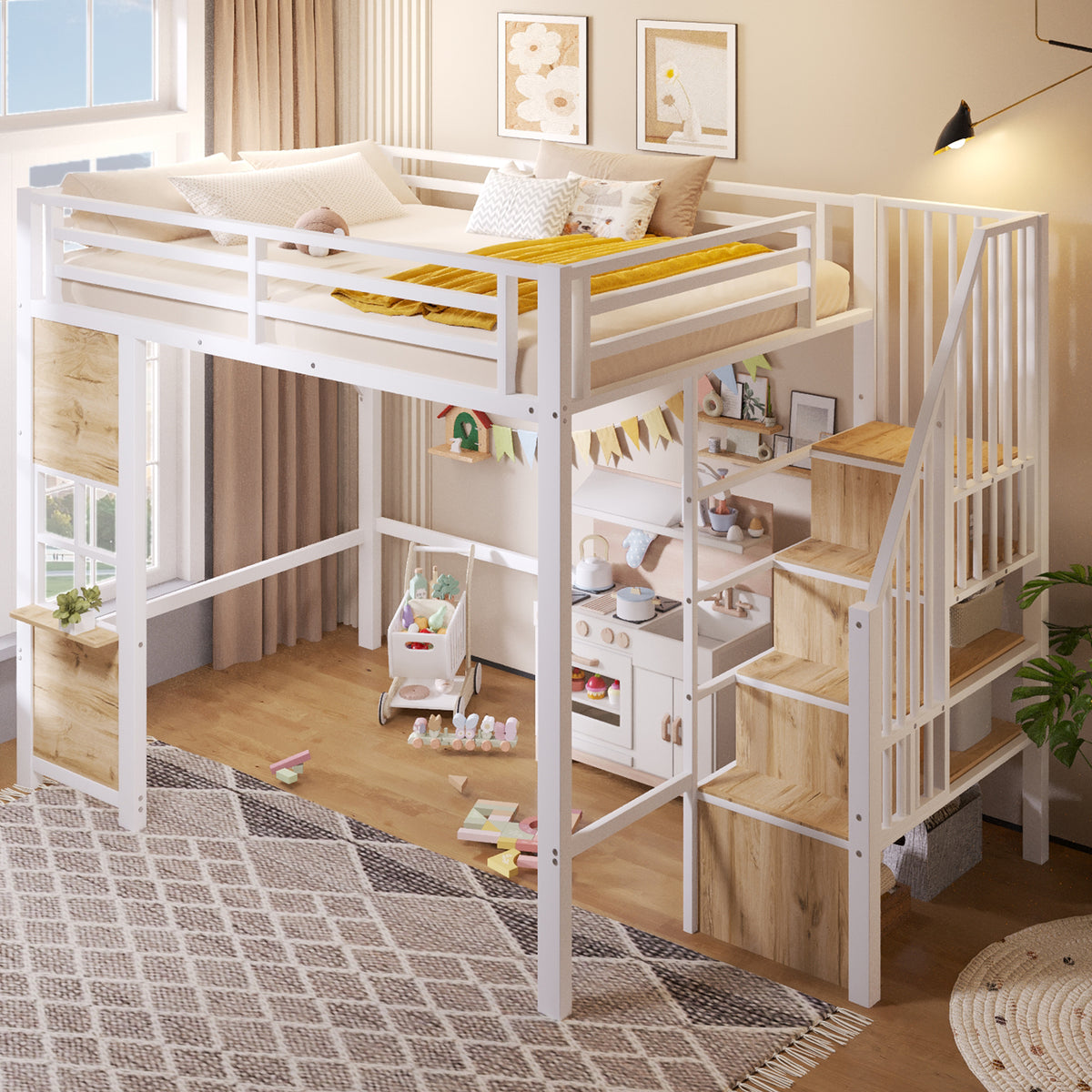 Loft Bed 140x200 cm with Storage Ladder, White Iron Frame