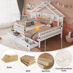 Children's Bed Roof Design, Railing, Storage Drawers, 140x200cm, Pine+MDF White/Natural