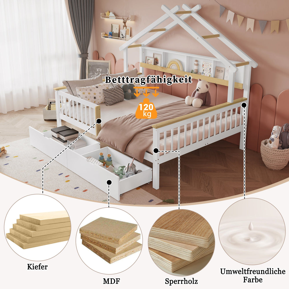Children's Bed Roof Design, Railing, Storage Drawers, 140x200cm, Pine+MDF White/Natural
